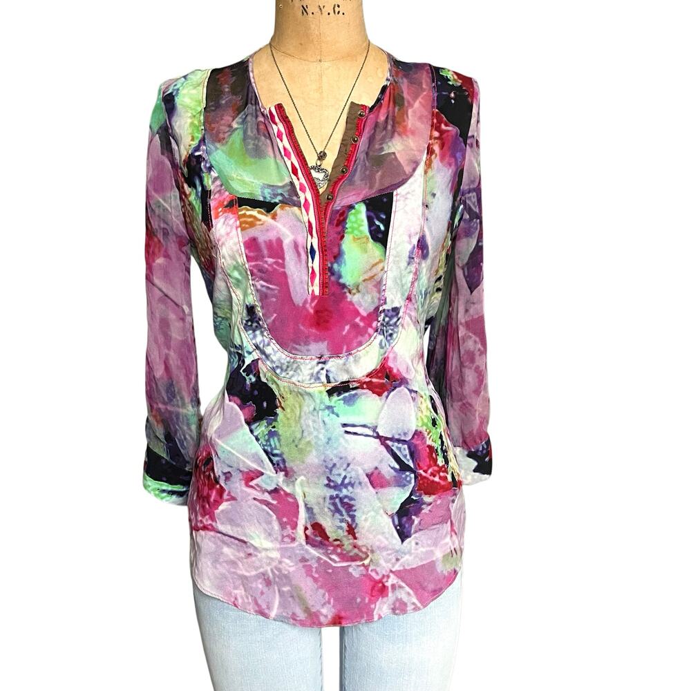 A Common Thread Silk Sheer Multicolor Retro Button‎ Up Blouse Size M